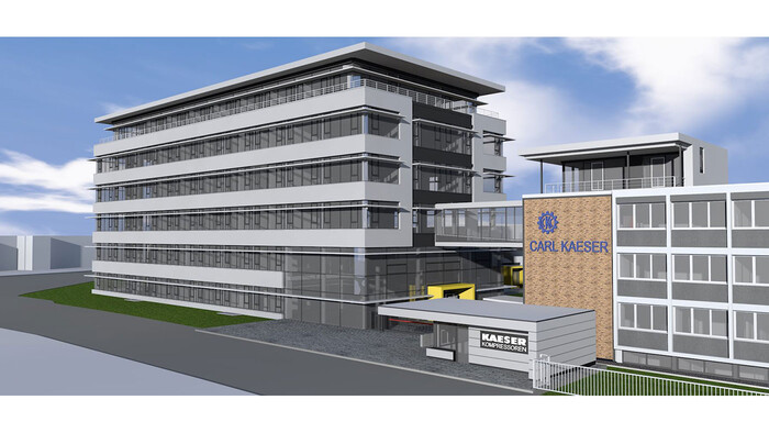 Jaunās Kaeser Kompressoren administrācijas sānskata datoranimācija