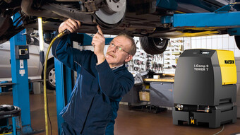 Virzuļtipa kompresora stacija i.Comp 9 ar integrēto dzesēšanas tipa žāvētāju ir ideāls kompresors izmantošanai autoservisā.